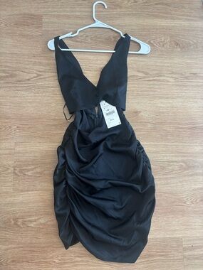Zara Black Satin V-Neck Ruched Mini Dress